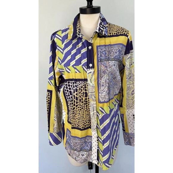 Elliott Lauren Button Up Blouse Top Blue Yellow Patchwork Art To Wear SZ 10 - Picture 1 of 6